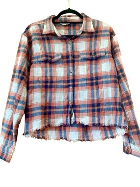 Lucky Brand Cropped Plaid Flannel Shirt Raw Frayed Hem Cotton M